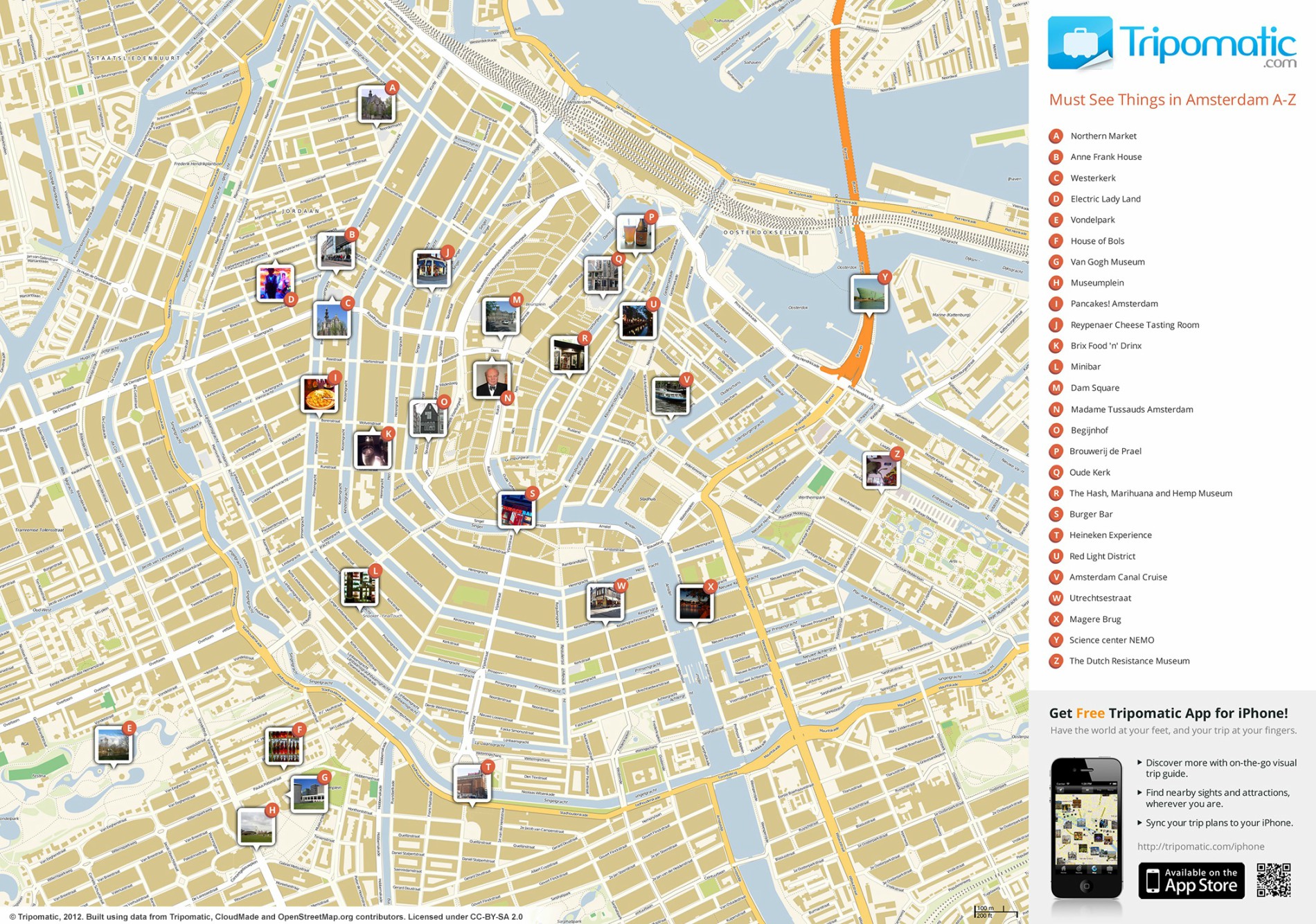 Mapa de Amesterdão com traçado de locais a visitar